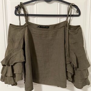 ZARA Basic Olive Green Off Shoulder Ruffle Sleeve Crop Top Size M